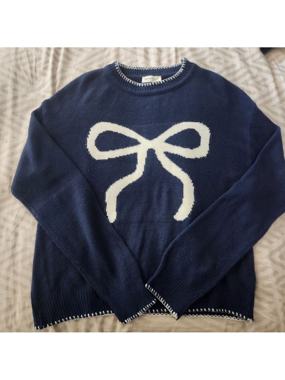 NWOT Anna-Kaci Women's Navy Long Sleeve Knit Sweater with Textured Bow Front XL